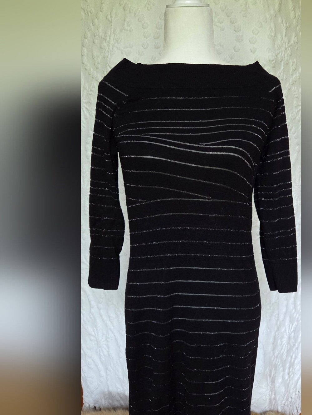 White House Black Market Black Knit Dress with Silver Stripes